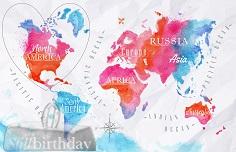 Watercolor world map in vector format in pink and blue colors on a background of crumpled paper